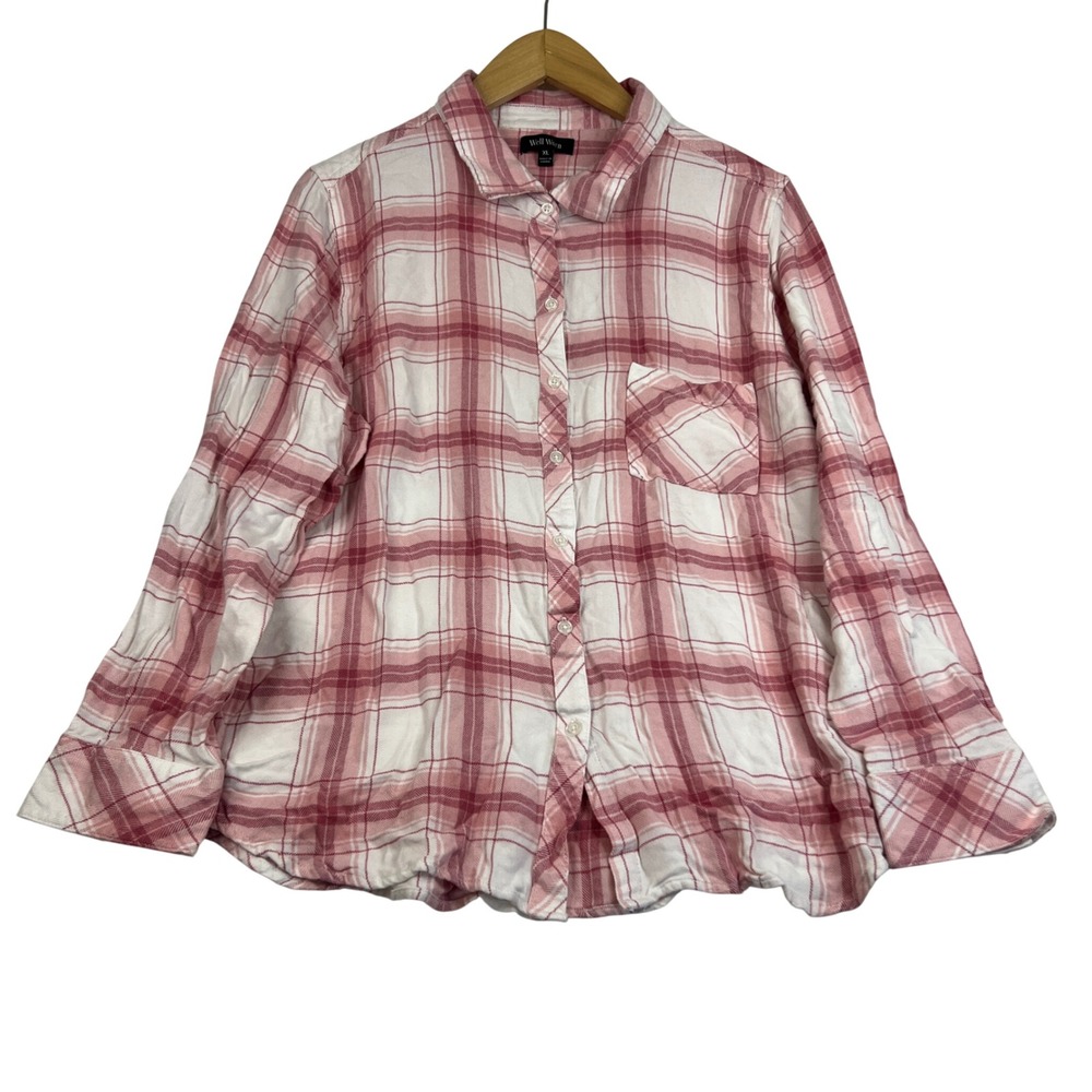 Well Worn Pink Plaid Button Down Shirt Womens XL Long Sleeve Viscose Pocket